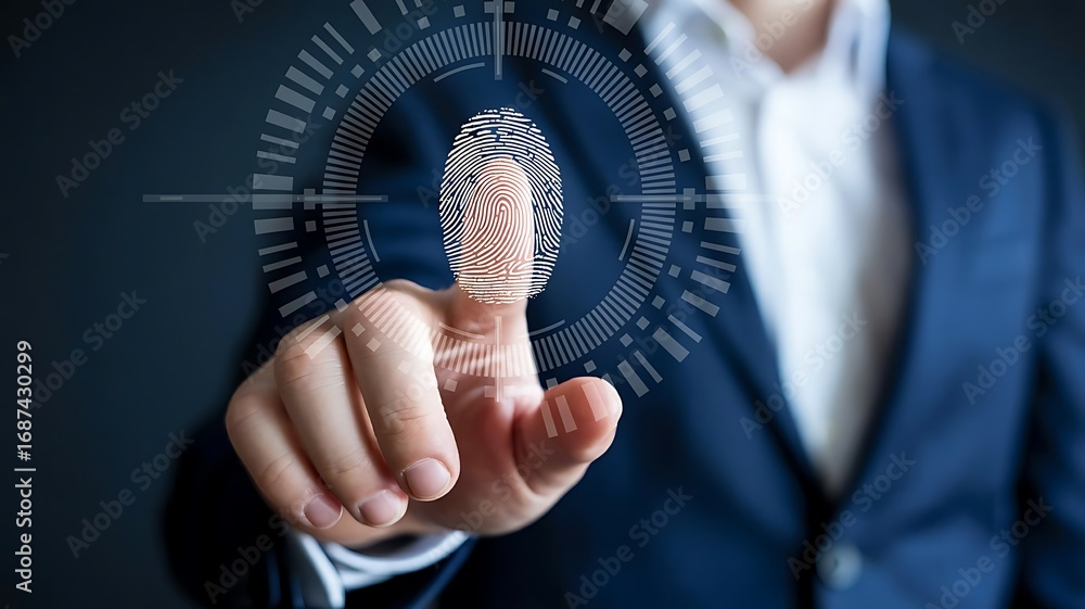 Poster professional using fingerprint scan on smartphone – data privacy, cybersecurity, and modern digital 