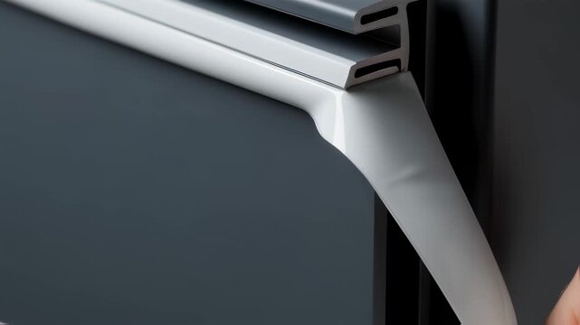 Closeup of sticky backing peeled off flexible rubber Dseal strip before being attached firmly into deep door frame groove for lasting seal.