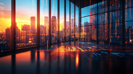 Modern boardroom with floor to ceiling windows offers stunning view of cityscape at sunset. Digital data streams overlay scene, creating futuristic and dynamic atmosphere