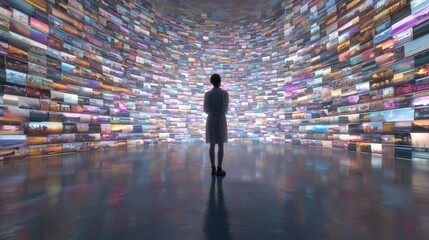 Business growth through digital innovation a person facing a vast wall of data screens