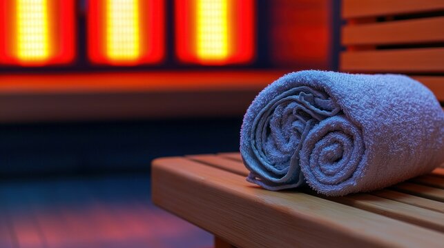 Relaxing sauna experience rolled towel on a wooden bench in the warmth