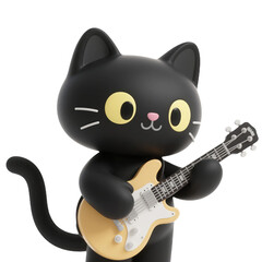 3D rendered cartoon character of a cute black cat playing an electric guitar, showing a passion for music and rock and roll.