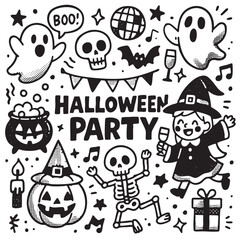 Halloween party with ghosts, skulls, and festive elements  coloring, coloring book, coloring page