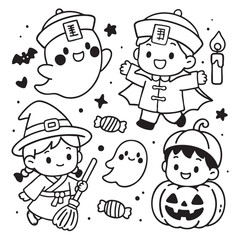 Cute Halloween characters with ghosts, candy, and pumpkin  coloring, coloring book, coloring page