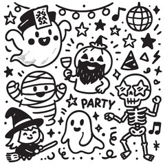 Fun Halloween party illustration with ghosts and skeletons  coloring, coloring book, coloring page