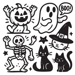 Halloween pumpkin, ghost, skeleton, cat, spooky fun  coloring, coloring book, coloring page