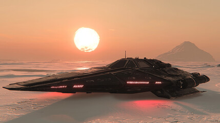 Sleek, futuristic spacecraft rests on snowy landscape with glowing sunset in background, creating serene yet adventurous atmosphere. scene evokes sense of exploration and discovery