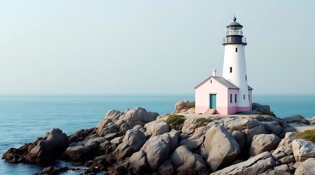 Serene Lighthouse on Rocky Coastline Overlooking Calm Blue Ocean