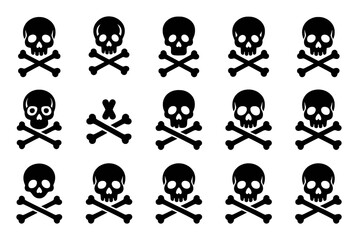 A Collection of Black Skull and Crossbones Icons on a White Background