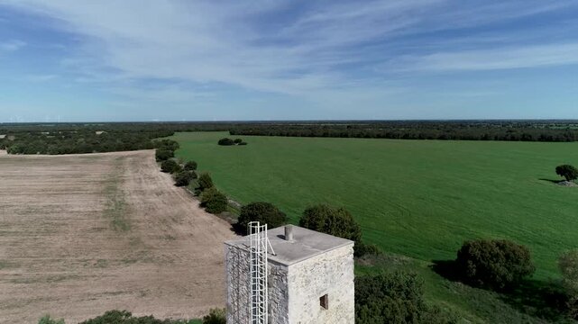 Aerial view of the Torreon de la Greda in Cevico Navero, Palencia, Spain