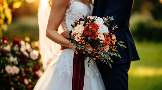 A beautiful close-up of a newlywed couple embracing tenderly, holding an elegant floral bouquet during their outdoor wedding ceremony at golden hour, celebrating their love and commitment