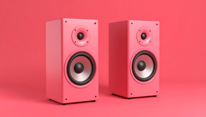 Pair of vibrant pink speakers on a red background
