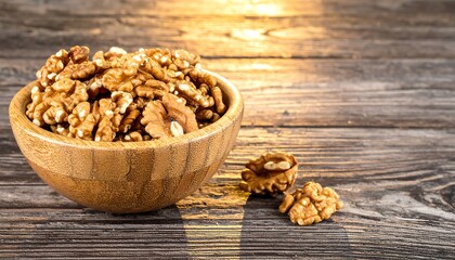 Walnuts in a wooden bowl on wood