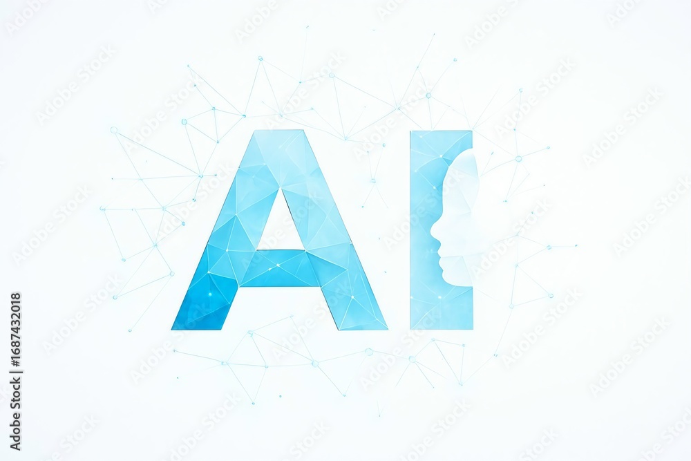 Poster abstract ai concept with glowing blue letters on a white background with subtle digital particles