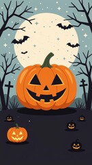 Spooky Halloween Pumpkin Minimalism scene, glowing orange jack-o'lantern grinning, smaller pumpkins, gravestones, bare trees. Concept of Halloween Pumpkin Minimalism, celebrate creativity.