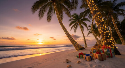 Tropical Christmas celebration on a serene sandy beach with decorated palm trees, presents, and a vibrant ocean sunset