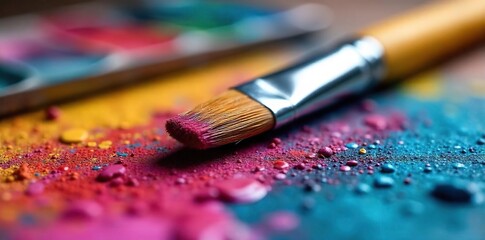 Fototapeta premium Close-up of a paintbrush resting on a painter's palette, bristles coated in vibrant oil paints Ready for the next stroke of artistic creation A colorful still life , hobby, supplies