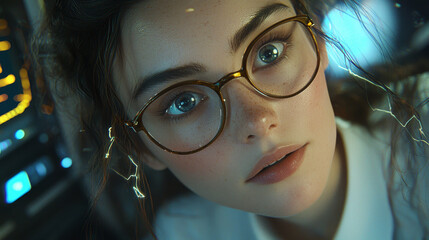 Young woman with glasses gazes intently, surrounded by futuristic, glowing interface. Her expression is focused and curious, suggesting tech savvy environment