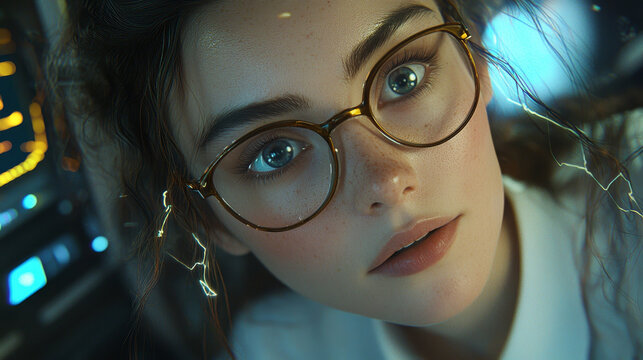 Young woman with glasses gazes intently, surrounded by futuristic, glowing interface. Her expression is focused and curious, suggesting tech savvy environment