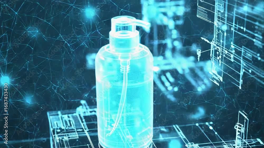 Poster futuristic wireframe render of a dispenser bottle floating over blueprints