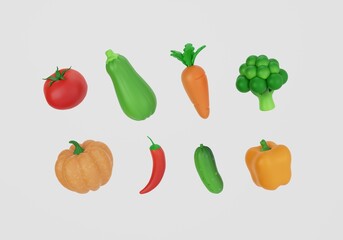 Set of 3D vegetable icons. Tomatoes, zucchini, carrots, broccoli, pumpkin, hot peppers, cucumbers, bell peppers. Harvesting. Healthy vegetarian food. 3D rendering.
