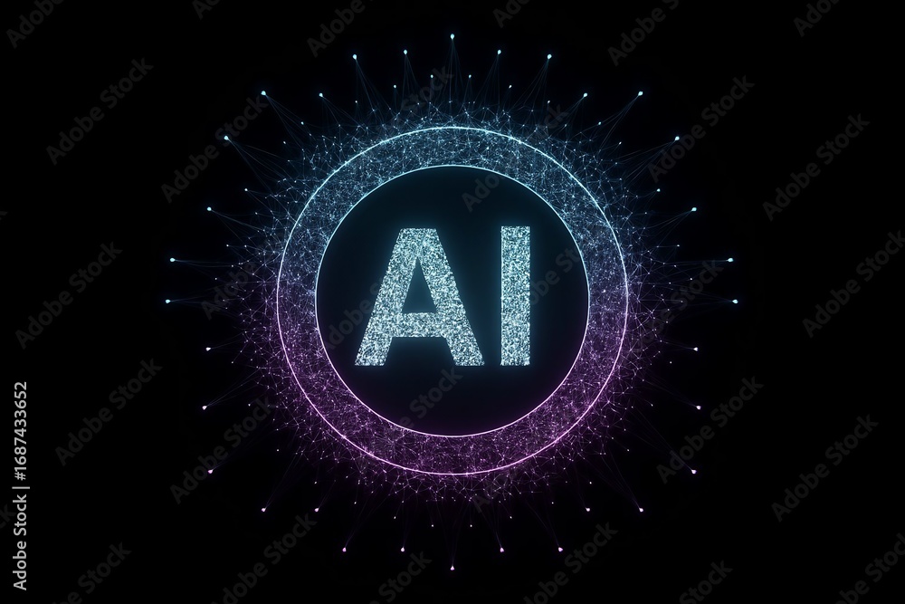 Poster abstract glowing ai logo with futuristic digital network and data points on a dark background