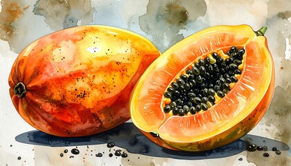 Watercolor papaya halves