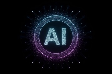 Abstract glowing ai logo with futuristic digital network and data points on a dark background