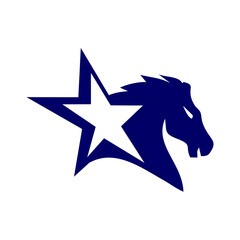 Fototapeta premium Powerful blue horse head silhouette integrated with a bold star, a dynamic vector emblem symbolizing strength, speed, and victory