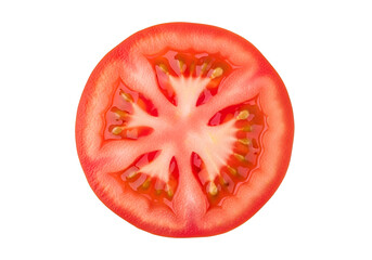 Close-up view of a vibrant tomato slice, showcasing its intricate interior detail against a striking black background.