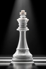 White king chess piece standing on chessboard under spotlight