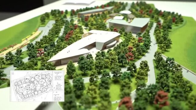 Architectural Model of a Modern Campus with Lush Greenery and Buildings.