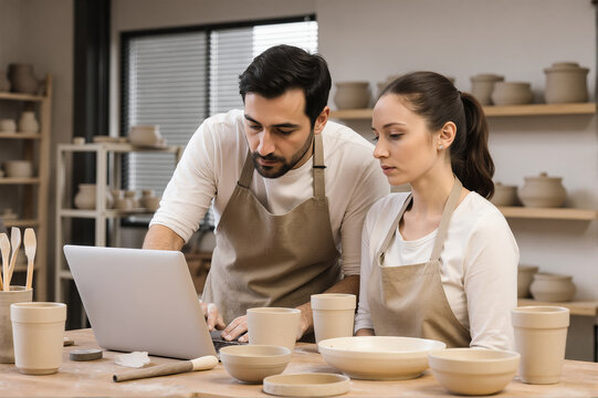 Two potters working together, using a laptop in a ceramics studio filled with clay pots and tools.