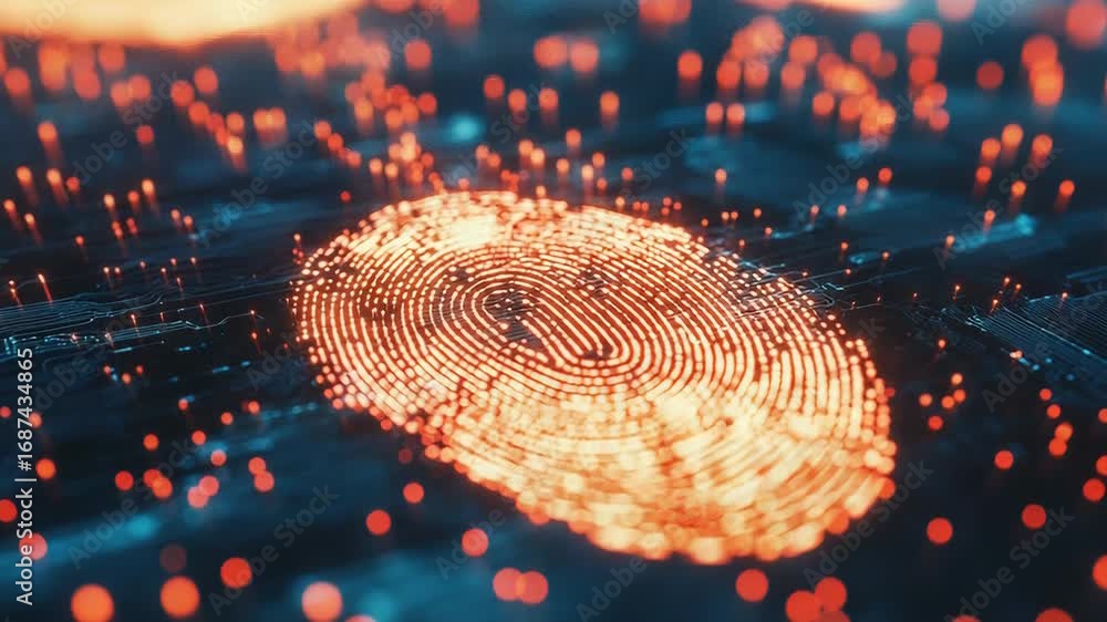 Poster glowing fingerprint on computer circuit board symbolizing digital security