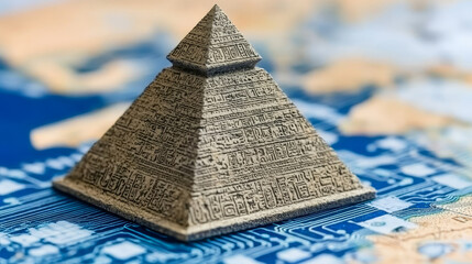 Small pyramid with intricate tribal patterns sits on blue circuit board, blending ancient design with modern technology. contrast creates unique fusion of past and present