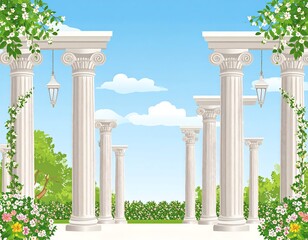 Naklejka premium Classical columns in a lush garden setting