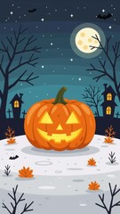 Fototapeta premium Halloween Pumpkin Minimalism featuring large, glowing jack-o'lantern, snowy landscape, full moon, bats. Concept of Halloween Pumpkin Minimalism emphasizes celebrate spirit of season.