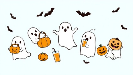 Fototapeta premium Cute cartoon ghosts and pumpkins celebrating halloween with bats