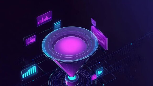 Sales funnel showing data processing and customer conversion rate increasing