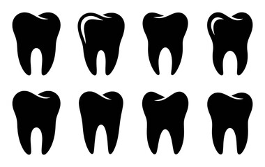 Black Silhouette Icons of Teeth on a White Background