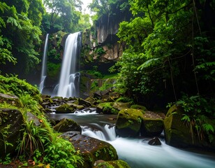 Waterfall cascading through lush forest