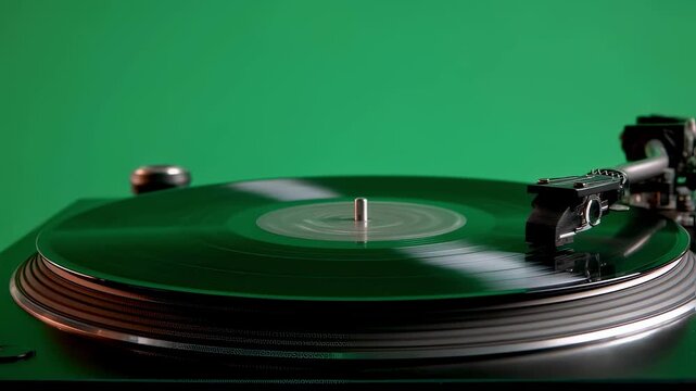 Black vinyl record is spinning on a turntable, isolated on a vibrant green screen background, ideal for music related projects or chroma keying