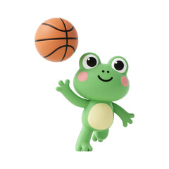 Fototapeta premium Adorable 3D Rendered Frog Character Playing Basketball on a White Background. Cute Cartoon Animal with a Happy Smile.