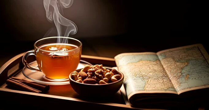 Relaxing tea time, steaming beverage with nuts and vintage map, autumn vibes and cozy atmosphere