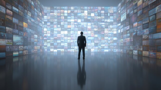Businessman contemplating digital transformation amidst a vast array of multimedia screens displaying data and innovation concepts.