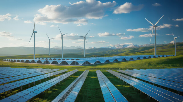 Solar panel wind turbine renewable energy sustainable landscape blue sky green field modern clean technology power generation. modern sustainable energy farm with solar panels and wind turbines