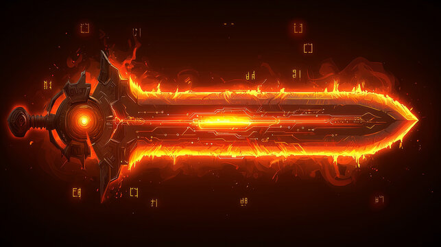 Glowing, fiery sword with intricate circuit patterns and techno tribal design emits powerful aura. blade is surrounded by digital symbols, enhancing its futuristic appearance