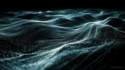 Digital landscape of flowing polygonal waves creates mesmerizing and futuristic scene, with glowing lines and dark background. abstract design evokes sense of motion and technology
