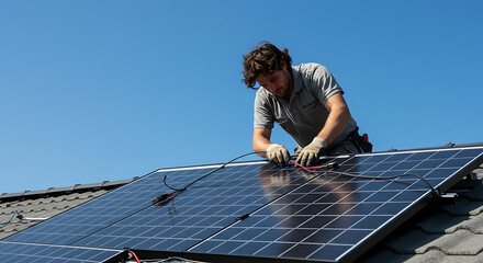 Solar Panel Installer Connecting Wires on a Rooftop