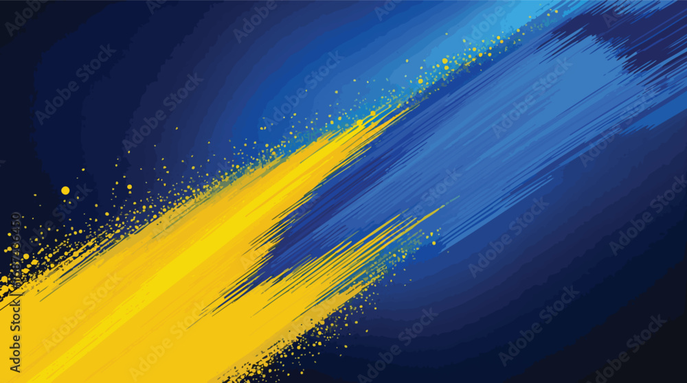 Poster abstract dynamic yellow brush stroke with blue gradient background and scattered dots paint.